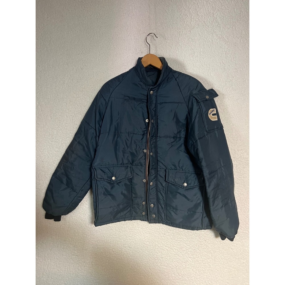 Vintage Cummins Diesel Engine Puffer Jacket Mens LG Teal Blue Quilted Work Coat
